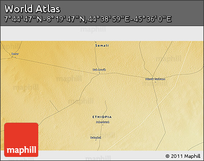 Physical 3D Map of the Area around 8° 2' 17" N, 45° 7' 30" E