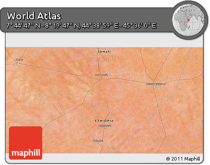 Satellite 3D Map of the Area around 8° 2' 17" N, 45° 7' 30" E