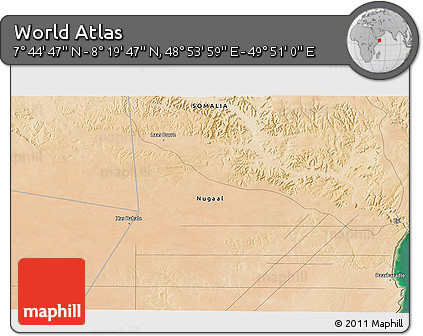 Satellite 3D Map of the Area around 8° 2' 17" N, 49° 22' 30" E