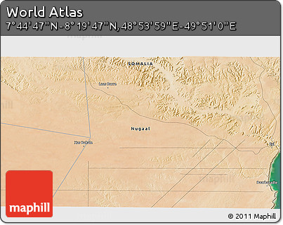 Satellite 3D Map of the Area around 8° 2' 17" N, 49° 22' 30" E
