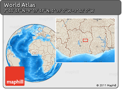 Shaded Relief Location Map of the Area around 8° 2' 17" N, 4° 10' 30" W