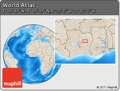 Shaded Relief Location Map of the Area around 8° 2' 17" N, 4° 10' 30" W
