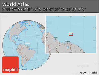 Gray Location Map of the Area around 8° 2' 17" N, 54° 19' 30" W