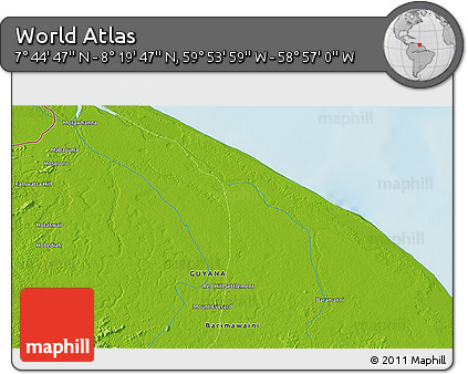 Physical 3D Map of the Area around 8° 2' 17" N, 59° 25' 29" W