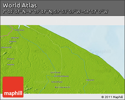 Physical 3D Map of the Area around 8° 2' 17" N, 59° 25' 29" W