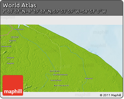 Physical 3D Map of the Area around 8° 2' 17" N, 59° 25' 29" W