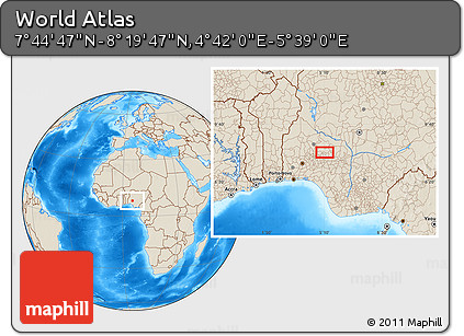Shaded Relief Location Map of the Area around 8° 2' 17" N, 5° 10' 30" E