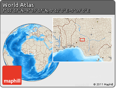Shaded Relief Location Map of the Area around 8° 2' 17" N, 5° 10' 30" E