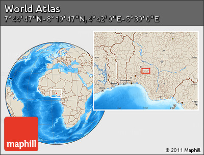 Shaded Relief Location Map of the Area around 8° 2' 17" N, 5° 10' 30" E
