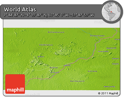 Physical 3D Map of the Area around 8° 2' 17" N, 60° 16' 29" W