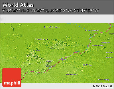 Physical 3D Map of the Area around 8° 2' 17" N, 60° 16' 29" W