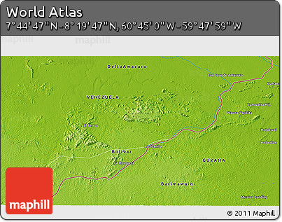 Physical 3D Map of the Area around 8° 2' 17" N, 60° 16' 29" W