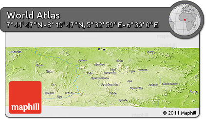 Physical Panoramic Map of the Area around 8° 2' 17" N, 6° 1' 30" E