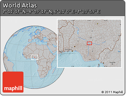 Gray Location Map of the Area around 8° 2' 17" N, 6° 52' 30" E, hill shading
