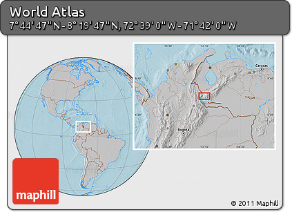 Gray Location Map of the Area around 8° 2' 17" N, 72° 10' 30" W, hill shading