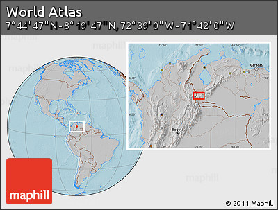 Gray Location Map of the Area around 8° 2' 17" N, 72° 10' 30" W, hill shading
