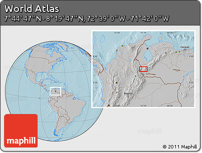Gray Location Map of the Area around 8° 2' 17" N, 72° 10' 30" W, hill shading