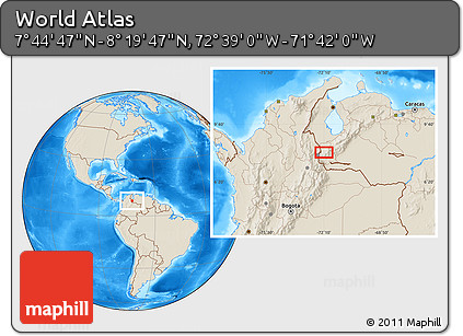 Shaded Relief Location Map of the Area around 8° 2' 17" N, 72° 10' 30" W