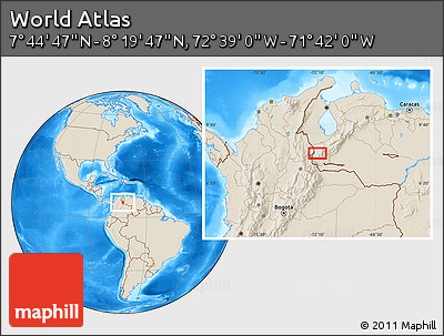Shaded Relief Location Map of the Area around 8° 2' 17" N, 72° 10' 30" W