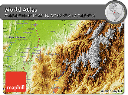 Physical Map of the Area around 8° 2' 17" N, 72° 10' 30" W