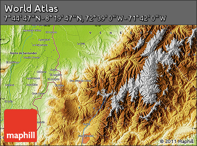 Physical Map of the Area around 8° 2' 17" N, 72° 10' 30" W