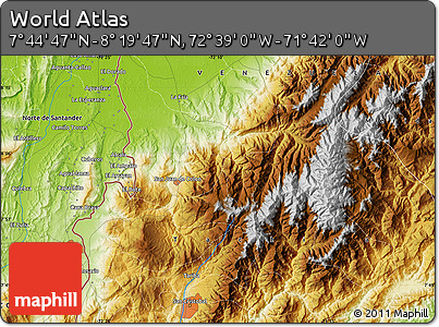 Physical Map of the Area around 8° 2' 17" N, 72° 10' 30" W