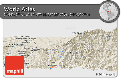 Shaded Relief Panoramic Map of the Area around 8° 2' 17" N, 72° 10' 30" W
