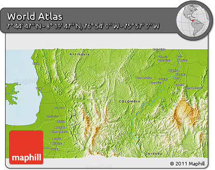 Physical 3D Map of the Area around 8° 2' 17" N, 76° 25' 30" W