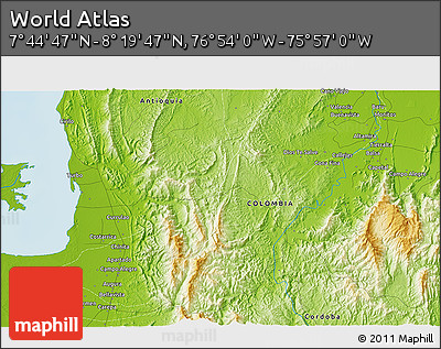 Physical 3D Map of the Area around 8° 2' 17" N, 76° 25' 30" W