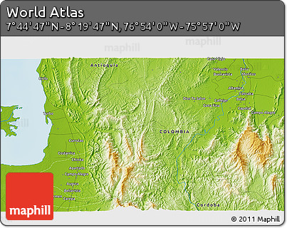Physical 3D Map of the Area around 8° 2' 17" N, 76° 25' 30" W