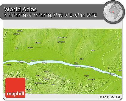 Physical 3D Map of the Area around 8° 2' 17" N, 7° 43' 29" E