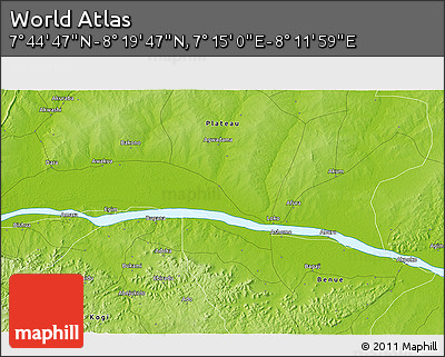 Physical 3D Map of the Area around 8° 2' 17" N, 7° 43' 29" E