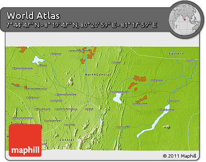 Physical 3D Map of the Area around 8° 2' 17" N, 80° 49' 29" E