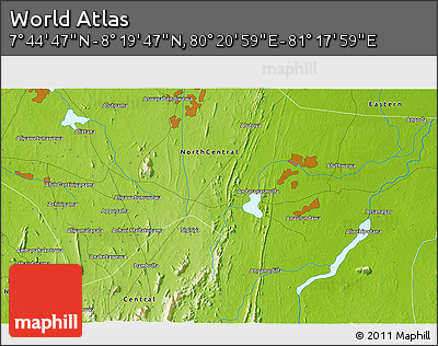 Physical 3D Map of the Area around 8° 2' 17" N, 80° 49' 29" E