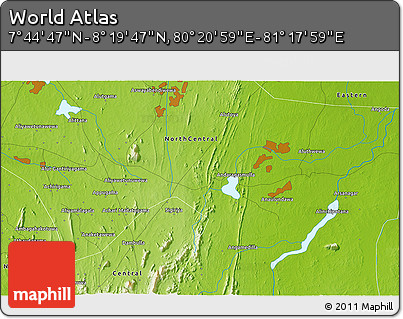 Physical 3D Map of the Area around 8° 2' 17" N, 80° 49' 29" E