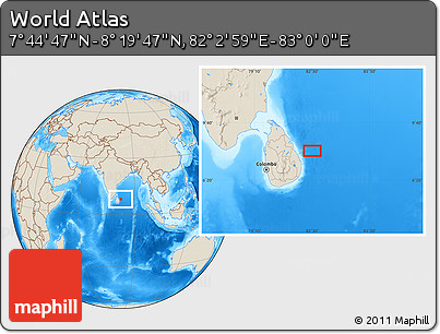 Shaded Relief Location Map of the Area around 8° 2' 17" N, 82° 31' 30" E