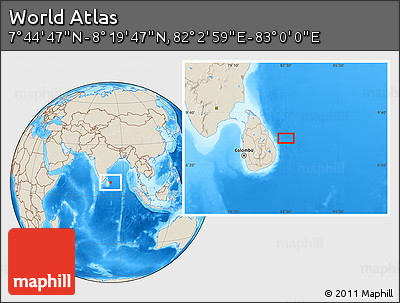 Shaded Relief Location Map of the Area around 8° 2' 17" N, 82° 31' 30" E