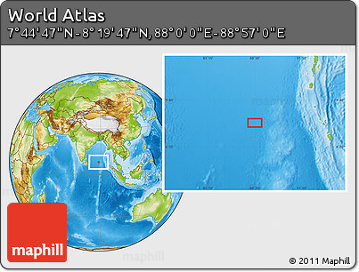 Physical Location Map of the Area around 8° 2' 17" N, 88° 28' 29" E