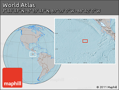 Gray Location Map of the Area around 8° 2' 17" N, 89° 10' 30" W, hill shading