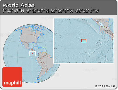 Gray Location Map of the Area around 8° 2' 17" N, 89° 10' 30" W, hill shading