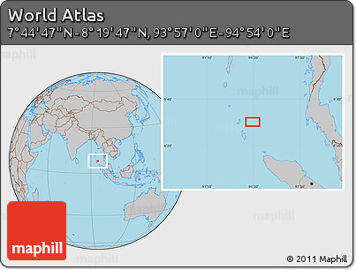 Gray Location Map of the Area around 8° 2' 17" N, 94° 25' 30" E