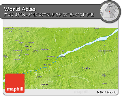 Physical 3D Map of the Area around 8° 2' 17" N, 9° 25' 30" E