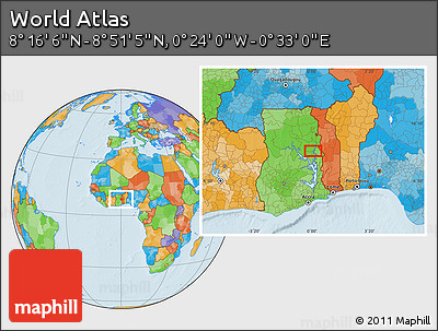 Political Location Map of the Area around 8° 33' 36" N, 0° 4' 30" E