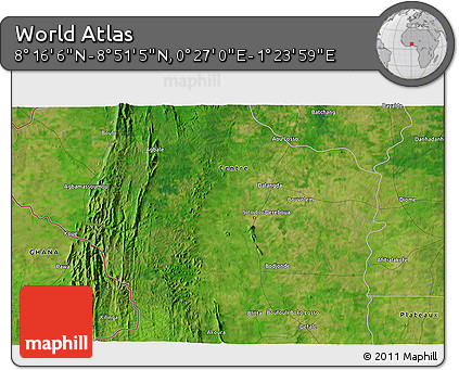 Satellite 3D Map of the Area around 8° 33' 36" N, 0° 55' 29" E