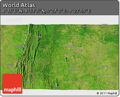 Satellite 3D Map of the Area around 8° 33' 36" N, 0° 55' 29" E