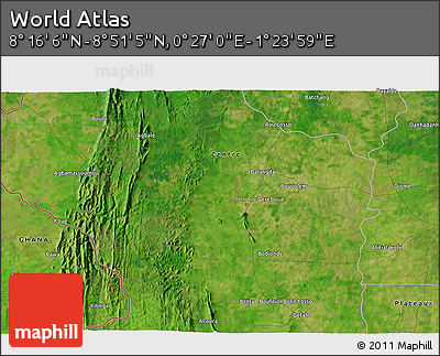 Satellite 3D Map of the Area around 8° 33' 36" N, 0° 55' 29" E