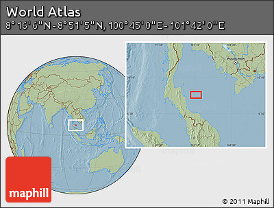 Savanna Style Location Map of the Area around 8° 33' 36" N, 101° 13' 29" E, hill shading
