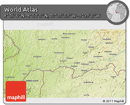 Physical 3D Map of the Area around 8° 33' 36" N, 10° 7' 30" W
