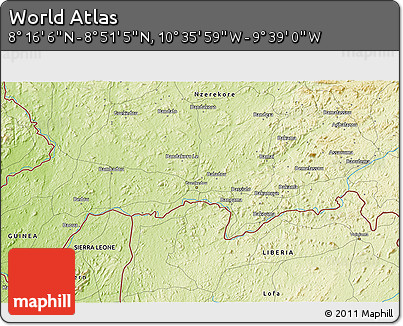 Physical 3D Map of the Area around 8° 33' 36" N, 10° 7' 30" W
