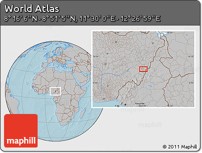 Gray Location Map of the Area around 8° 33' 36" N, 11° 58' 29" E, hill shading